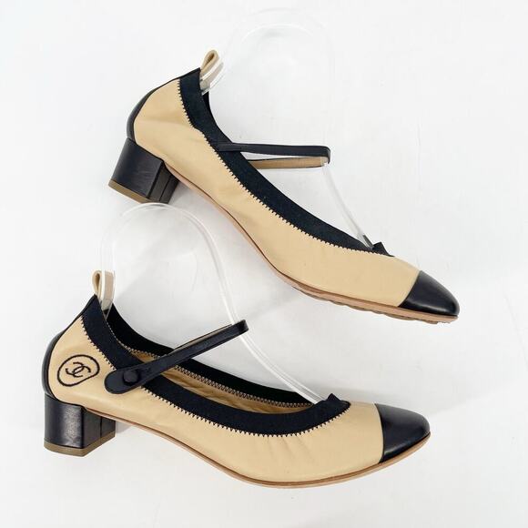 Chanel Retro y2k Beige & Black CC Cap Toe Leather Mary Jane Strap Heels EU 38.5 - Picture 4 of 12